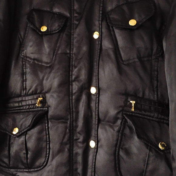 Women's Guess Black & Gold Winter Puffer Coat Hooded Jacket with Faux Fur Trim - Picture 14 of 16